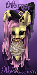 Size: 1741x3445 | Tagged: safe, artist:maneblue, imported from derpibooru, fluttershy, pegasus, pony, 2017, bandage, black sclera, blood, bust, ear fluff, female, gradient background, halloween, happy halloween, hat, holiday, mare, solo, witch hat