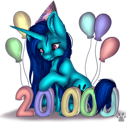 Size: 2490x2409 | Tagged: safe, artist:maneblue, imported from derpibooru, oc, pony, unicorn, balloon, ear fluff, female, hat, high res, horn, mare, milestone, party hat, paw prints, simple background, solo, transparent background, unicorn oc