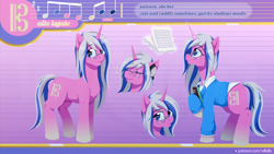 Size: 1920x1080 | Tagged: safe, artist:willoillo, imported from derpibooru, oc, oc only, oc:alto legato, pony, unicorn, book, clothes, commission, female, female oc, glasses, headphones, horn, mare, music, music notes, reference sheet, school uniform, sheet music, shirt, solo, student, sweater, unicorn oc