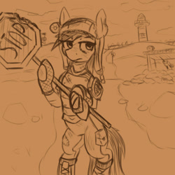 Size: 777x777 | Tagged: safe, artist:zebra, oc, oc only, fallout equestria, armor, bipedal, boots, clothes, fence, flashlight (object), gloves, guard tower, gun, hat, hoof hold, lighthouse, looking at you, machine gun, pants, patch, road sign, sandbags, shoes, solo, stop sign, wall, watch tower, weapon