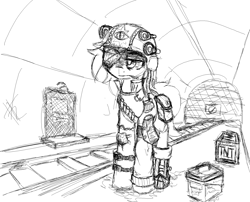 Size: 1630x1318 | Tagged: safe, artist:zebra, oc, oc only, fallout equestria, ammobox, amputee, armor, bandolier, blood, bulletproof vest, clothes, crate, door, explosives, eyepatch, flashlight (object), food, helmet, jacket, lamp, ms paint, pants, plaster, prosthetics, railroad, solo, subway, tnt, tunnel, underground