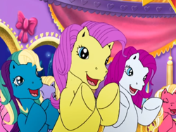 Size: 1528x1146 | Tagged: safe, screencap, daisyjo, merriweather, pinkie pie (g3), seaspray (g3), earth pony, pony, dancing in the clouds, blossomforth (g3), castle, celebration castle, cheering, clapping, clapping ponies, crowd, cute, dawwsyjo, eyes closed, female, forsythia (g3), g3, g3 adoraforth, g3 adoraspray, g3 diapinkes, g3 forsythiabetes, g3 merriweawwwther, group, happy, indoors, mare, night, open mouth, open smile, smiling, window