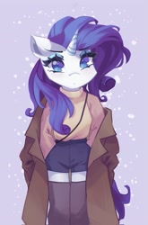 Size: 1355x2048 | Tagged: safe, artist:saxopi, imported from derpibooru, rarity, anthro, :<, blue eyes, clothes, eyebrows, eyebrows visible through hair, eyelashes, eyeshadow, female, hand in pocket, horn, leggings, looking at you, makeup, messy mane, no pupils, shorts, socks, solo, stockings, thigh highs, trenchcoat