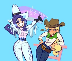 Size: 1944x1651 | Tagged: safe, artist:polochka_art, imported from derpibooru, applejack, rarity, human, belt, belt buckle, clothes, costume, cowboy hat, cowgirl, cowgirl outfit, duo, eyes closed, eyeshadow, gloves, grin, hat, humanized, jeans, lipstick, makeup, pants, purple eyeshadow, purple lipstick, smiling, sparkles, stetson, straw in mouth, unamused, western, wide hips