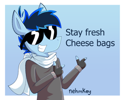 Size: 1166x926 | Tagged: safe, artist:nehmkey, imported from derpibooru, oc, oc only, oc:snuggle sparkle pony, anthro, pegasus, clothes, finger gun, finger guns, male, solo, stallion, sunglasses, text