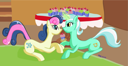 Size: 1219x636 | Tagged: safe, artist:tozinkai, imported from derpibooru, bon bon, lyra heartstrings, sweetie drops, earth pony, pony, unicorn, 2015, cupcake, duo, female, food, lesbian, lyrabon, mare, shipping