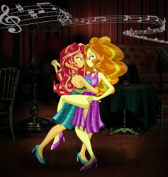 Size: 2196x2320 | Tagged: safe, artist:ponymaan, imported from derpibooru, adagio dazzle, sunset shimmer, equestria girls, backless, bare shoulders, dancing, duo, female, high heels, high res, lesbian, music notes, shipping, shoes, sleeveless, sunsagio, tango