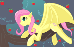 Size: 1040x667 | Tagged: safe, artist:tozinkai, imported from derpibooru, fluttershy, bat pony, pony, 2015, apple, apple tree, bat ponified, female, flutterbat, in a tree, mare, race swap, solo, tree, tree branch