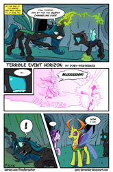Size: 1181x1794 | Tagged: safe, artist:pony-berserker, imported from derpibooru, queen chrysalis, starlight glimmer, thorax, changedling, changeling, changeling queen, pony, unicorn, to where and back again, ..., adventure in the comments, changeling drama, comic, crying, debate in the comments, dialogue, exclamation point, female, i can't believe it's not idw, king thorax, mouthpiece, speech bubble