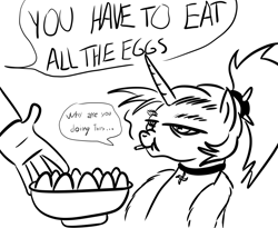 Size: 1000x820 | Tagged: safe, artist:velgarn, imported from derpibooru, oc, oc only, oc:dyx, alicorn, human, pony, 4chan, bathrobe, black and white, bowl, choker, cigarette, clothes, egg (food), food, grayscale, lidded eyes, meme, monochrome, offscreen character, older dyx, robe, scrunchy face, simple background, smoking, this will end in colic, white background, you have to eat all the eggs