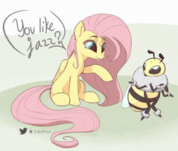 Size: 1500x1277 | Tagged: safe, artist:inkypuso, imported from derpibooru, fluttershy, bee, insect, pegasus, pony, bee movie, dreamworks, giant insect, meme, sitting, ya like jazz?