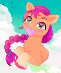 Size: 2203x2638 | Tagged: safe, artist:saphypone, imported from derpibooru, sunny starscout, earth pony, pony, :3, coat markings, cute, g5, heart, heart eyes, high res, mouth hold, my little pony: a new generation, open mouth, sky background, socks (coat markings), solo, sunnybetes, unshorn fetlocks, wingding eyes