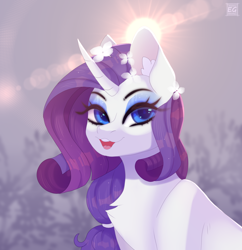 Size: 2092x2160 | Tagged: safe, artist:elektra-gertly, imported from derpibooru, rarity, pony, unicorn, alternate hairstyle, chest fluff, flower, flower in hair, happy, high res, open mouth, solo