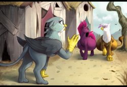 Size: 4100x2800 | Tagged: safe, artist:nsfwbonbon, imported from derpibooru, fizzlepop berrytwist, gabby, gilda, tempest shadow, griffon, pony, unicorn, belly, big belly, butt, female, griffonstone, huge belly, impossibly large belly, mare, plot, pregest shadow, pregnant, waving