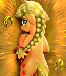 Size: 1915x2193 | Tagged: safe, artist:darksly, imported from derpibooru, applejack, earth pony, pony, alternate hairstyle, blushing, body pillow, braid, butt, cute, female, floppy ears, hay, horseshoes, jackabetes, looking at you, mare, plot, solo