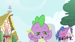 Size: 1920x1080 | Tagged: safe, imported from derpibooru, screencap, spike, dragon, friendship is magic, season 1, day, lidded eyes, mid-blink screencap, open mouth, outdoors, ponyville, reaction, solo