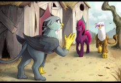 Size: 4100x2800 | Tagged: safe, artist:nsfwbonbon, edit, imported from derpibooru, fizzlepop berrytwist, gabby, gilda, tempest shadow, griffon, pony, unicorn, anna sroka-hryń, butt, claws, griffonstone, plot, polish, tail, voice actor joke, waving, wings