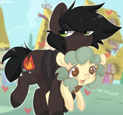 Size: 1590x1483 | Tagged: safe, artist:mushy, imported from derpibooru, oc, oc only, oc:pea, pony, baby carrier, duo, female, happy, heart, male, ponyville, walking