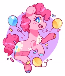 Size: 1916x2241 | Tagged: safe, artist:cocopudu, imported from derpibooru, pinkie pie, earth pony, pony, balloon, chest fluff, coat markings, colored hooves, confetti, female, mare, multicolored hooves, no pupils, open mouth, open smile, simple background, smiling, solo, unshorn fetlocks, white background, white pupils