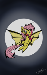 Size: 800x1280 | Tagged: safe, artist:therandomjoyrider, imported from derpibooru, fluttershy, bat pony, pony, 2015, anatomically incorrect, bat ponified, fangs, flutterbat, full moon, incorrect leg anatomy, moon, race swap, solo