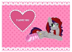 Size: 2048x1486 | Tagged: safe, artist:freyamilk, imported from derpibooru, oc, oc only, oc:evening prose, pegasus, pony, clothes, female, freckles, holiday, jewelry, mare, necklace, pearl necklace, socks, solo, striped socks, valentine, valentine's day