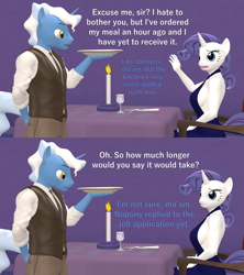 Size: 1920x2160 | Tagged: safe, artist:papadragon69, imported from derpibooru, pokey pierce, rarity, anthro, unicorn, 3d, candle, clothes, dialogue, dress, eyeshadow, female, glass, humor, makeup, male, necktie, pants, plate, restaurant, satire, shirt, sitting, source filmmaker, table, wine glass