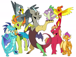 Size: 6000x4500 | Tagged: safe, artist:chub-wub, imported from derpibooru, big macintosh, discord, gabby, peewee, princess ember, smolder, spike, thorax, changedling, changeling, draconequus, dragon, earth pony, griffon, phoenix, pony, absurd resolution, crossed arms, dragon wings, eyebrows, eyebrows visible through hair, eyes closed, female, flexing, grin, group, hand on chest, hand on hip, holding a dragon, king thorax, male, open mouth, open smile, pedestal, simple background, smiling, spike day, spread wings, stallion, unshorn fetlocks, white background, winged spike, wings