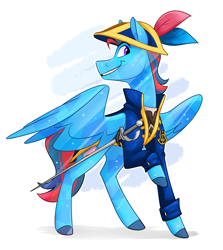 Size: 2408x2700 | Tagged: safe, artist:luximus17, imported from derpibooru, oc, oc only, oc:andrew swiftwing, oc:swift sail, crystal pony, pegasus, pony, alternate universe, clothes, coat, fantasy class, feather, hat, high res, raised hoof, rapier, solo, sword, weapon, wings