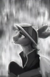 Size: 1500x2312 | Tagged: safe, artist:hierozaki, imported from derpibooru, oc, oc only, oc:andrew swiftwing, oc:swift sail, pegasus, pony, alternate universe, black and white, fantasy class, grayscale, hat, male, monochrome, rain, sailor, solo