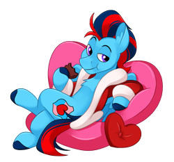 Size: 2709x2520 | Tagged: safe, artist:luximus17, imported from derpibooru, oc, oc only, oc:andrew swiftwing, pegasus, pony, chest fluff, chocolate, clothes, crossed legs, ear fluff, eating, eyebrows, folded wings, food, heart, heart pillow, high res, lidded eyes, looking at you, male, pillow, robe, seductive pose, simple background, smiling, smiling at you, smirk, smug, solo, stallion, transparent background, wings