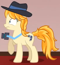 Size: 400x431 | Tagged: safe, artist:jan, imported from derpibooru, press pass, press release (character), earth pony, pony, vocational death cruise, camera, female, film reel, hat, mare, shocked, shocked expression, solo