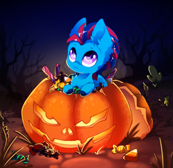 Size: 3290x3189 | Tagged: safe, artist:arctic-fox, imported from derpibooru, oc, oc only, oc:andrew swiftwing, pegasus, pony, candy, chibi, colt, cute, foal, food, halloween, high res, holiday, jack-o-lantern, male, pumpkin, solo