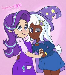 Size: 1779x2013 | Tagged: safe, artist:pumpkinspice751, imported from derpibooru, starlight glimmer, trixie, human, breasts, dark skin, duo, female, holding hands, humanized, lesbian, shipping, startrix