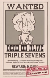 Size: 1329x2047 | Tagged: safe, artist:triplesevens, imported from derpibooru, oc, oc only, oc:triple sevens, unicorn, monochrome, solo, text, wanted poster