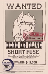 Size: 1315x2048 | Tagged: safe, artist:triplesevens, imported from derpibooru, oc, oc only, oc:short fuse, pony, unicorn, monochrome, solo, wanted poster