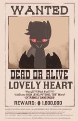 Size: 1327x2048 | Tagged: safe, artist:triplesevens, imported from derpibooru, oc, oc only, oc:lovely heart, pony, monochrome, silhouette, text, wanted poster