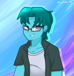Size: 1911x1946 | Tagged: safe, artist:janeblood969, imported from derpibooru, oc, oc only, oc:winter sky, equestria girls, clothes, gift art, glasses, male, shirt, short hair, simple background, smiling, solo