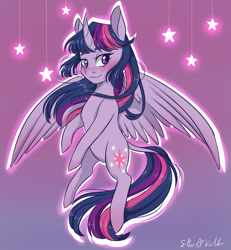 Size: 2500x2700 | Tagged: safe, artist:silbersternenlicht, imported from derpibooru, twilight sparkle, alicorn, pony, blushing, eyebrows, eyebrows visible through hair, female, gradient background, high res, mare, smiling, solo, spread wings, stars, twilight sparkle (alicorn), wings