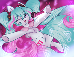 Size: 1800x1400 | Tagged: safe, artist:tresmariasarts, imported from derpibooru, pony, anime, hatsune miku, microphone, one eye closed, ponified, solo, vocaloid