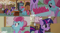 Size: 1280x720 | Tagged: safe, edit, edited screencap, editor:quoterific, imported from derpibooru, screencap, cup cake, twilight sparkle, earth pony, pony, unicorn, lesson zero, season 2, cupcake, duo, female, food, grin, mare, nervous, nervous grin, open mouth, smiling, sugarcube corner, unicorn twilight