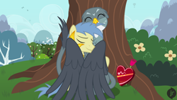 Size: 1920x1080 | Tagged: safe, artist:facelessjr, imported from derpibooru, gabby, goldengrape, sir colton vines iii, bird, earth pony, griffon, pony, background pony, balloon, box of chocolates, chest fluff, comfy, cute, female, flower, forest, grooming, hearts and hooves day, hot air balloon, hug, interspecies, male, mountain, nature, preening, rose, shipping, smiling, stallion, story included, straight, tree, waterfall, winghug, wings