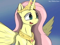 Size: 3000x2250 | Tagged: safe, artist:phlerius, imported from derpibooru, fluttershy, oc, oc:princess fluttershy, alicorn, pony, alicorn oc, alicornified, alternate universe, crown, digital art, fluttercorn, high res, jewelry, peytral, princess, queen, race swap, regalia, solo