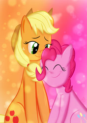 Size: 2480x3508 | Tagged: safe, artist:mrkat7214, imported from derpibooru, applejack, pinkie pie, earth pony, pony, applepie, female, high res, lesbian, mare, nuzzling, shipping, sitting, smiling