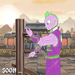 Size: 1280x1280 | Tagged: safe, artist:spike-love, imported from derpibooru, spike, anthro, dragon, adult, adult spike, angry, character:fu-dao-long, dragon kingdom, kung fu, martial arts, master spike, older, older spike, practice, temple, wooden dummy