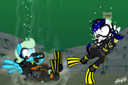 Size: 3000x2000 | Tagged: safe, artist:akififi, imported from derpibooru, oc, oc:sea glow, pegasus, pony, air tank, crash, dive mask, duo, fail, flippers (gear), scuba diving, scuba gear, spooked, surprised, underwater, wetsuit