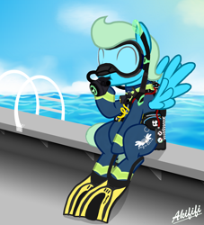 Size: 4000x4400 | Tagged: safe, artist:akififi, imported from derpibooru, oc, oc:sea glow, pegasus, pony, air tank, boat, dive mask, flippers (gear), happy, ocean, scuba diving, scuba gear, sitting, solo, water, wetsuit