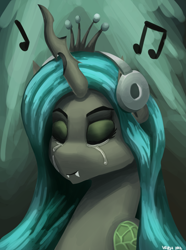 Size: 1000x1346 | Tagged: safe, artist:vezja, imported from derpibooru, queen chrysalis, changeling, changeling queen, abstract background, bust, crying, eyes closed, fangs, female, headphones, horn, listening to music, music notes, portrait, simple background, solo, wings