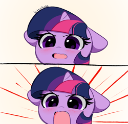 Size: 4704x4580 | Tagged: safe, artist:kittyrosie, imported from derpibooru, twilight sparkle, pony, unicorn, 2 panel comic, absurd resolution, adorable distress, ambiguous race, angry dog noises, anime style, blushing, comic, cute, cute little fangs, fangs, female, floppy ears, mare, meme, open mouth, ponified meme, simple background, solo, twiabetes, white background