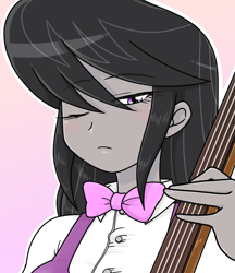 Size: 640x740 | Tagged: safe, alternate version, artist:batipin, imported from derpibooru, octavia melody, equestria girls, bowtie, cello, female, looking at you, musical instrument, one eye closed, simple background, solo