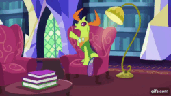Size: 640x360 | Tagged: safe, imported from derpibooru, screencap, thorax, changedling, changeling, season 7, triple threat, animated, book, couch, gif, gifs.com, king thorax, king thorax the fabulous, library, male, open mouth, solo, twilight's castle, twilight's castle library